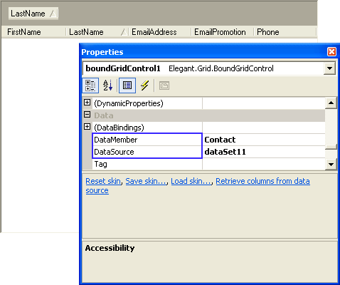 DataMember and DataSource properties of the grid