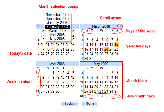 Calendar control and its elements