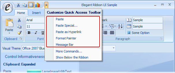 Frequently added controls in the Customize Quick Access Toolbar menu