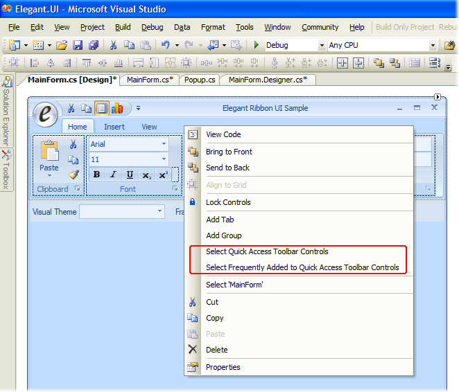 QAT-related items in the context menu for the Ribbon Bar
