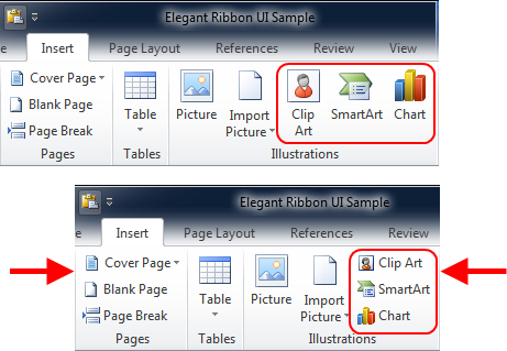 Controls stacked in a column in a ribbon group