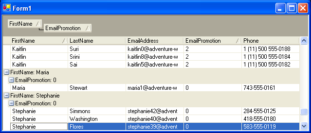 .NET Elegant Grid: The grid grouped by FirstName and EmailPromotion columns