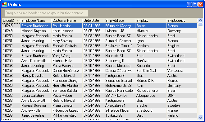 .NET Elegant Grid: Columns Employee Name and Customer Name are mapped to the columns from the Employees and Customers tables