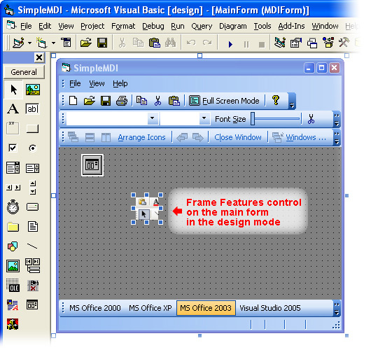 Prof-UIS Frame Features ActiveX control: Design mode