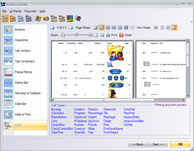 Print previewing different grid cell types