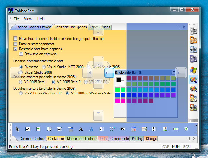 Visual Studio 2005 Vista Docking Markers when docking a control bar to the right side of the main frame window