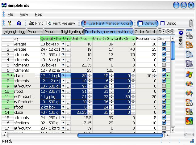 A data grid with the Aqua skin applied.