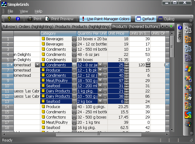 A data grid with the Black Diamond skin applied.