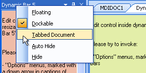 MFC Prof-UIS Dynamic Control Bar: Options menu of the dynamic control bar (the caption)