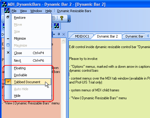 MFC Prof-UIS Dynamic Control Bar: Options menu of the dynamic control bar (the tab)