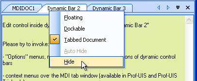 MFC Prof-UIS Dynamic Control Bar: Options menu of the dynamic control bar (in the MDI system menu)
