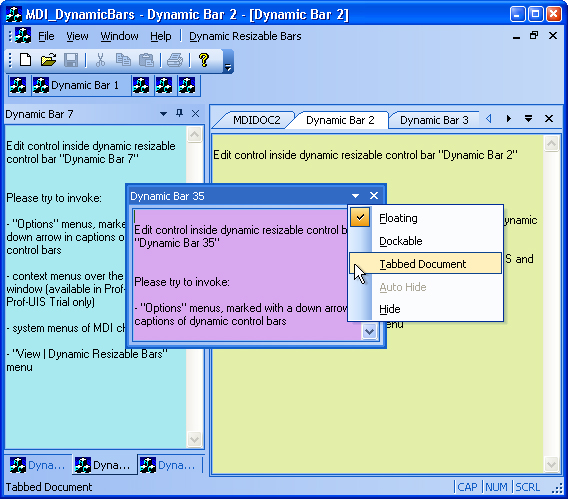 Dynamic control bars for displaying control bar's content as an MDI/SDI document in MDI/SDI applications with tabbed interface