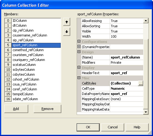 Column Selection Editor window