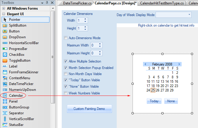 Calendar control placed on a form in the the Windows Forms Designer