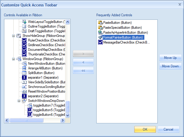 Customize Quick Access Toolbar dialog for frequently  added controls