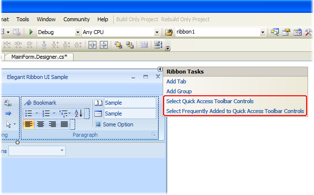 QAT-related items in the smart tags panel for the Ribbon Bar