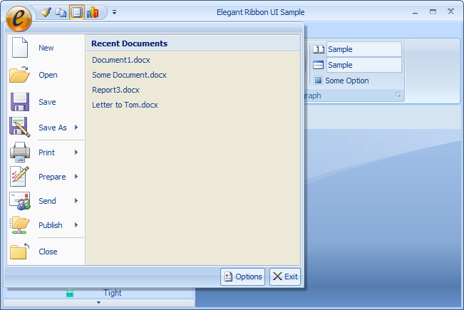 Ribbon application menu  with a list of recent documents