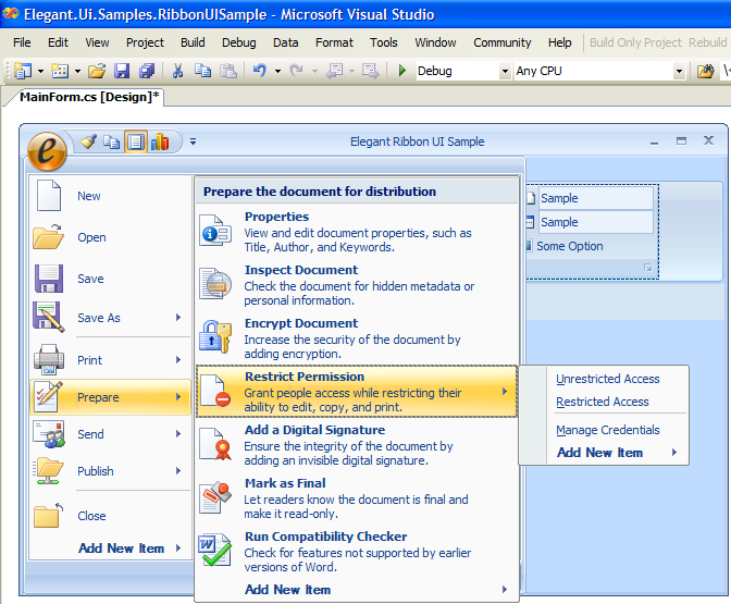 Application menu in the Visual Studio Designer