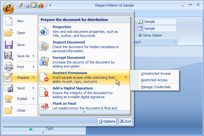 Prepare submenu displayed over the right pane of the application menu