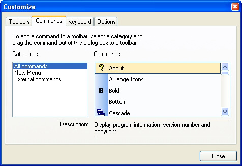 Prof-UIS Frame Features ActiveX control: Customizable commands