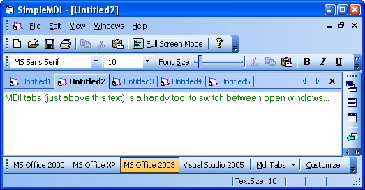 Prof-UIS Frame Features ActiveX control: MDI tabs are on