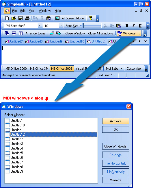 Prof-UIS Frame Features ActiveX control: MDI windows dialog