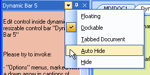 Options menu of the dynamic control bar (the arrow button)