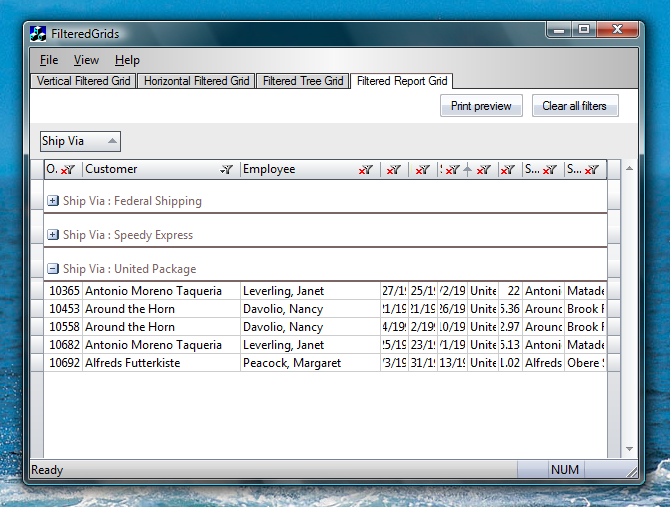 MFC Prof-UIS Grids - Grid is filtered by customers whose names begin with letter A